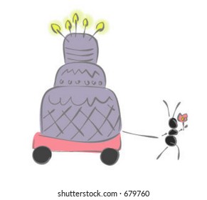 ant with birthday cake on a wagon