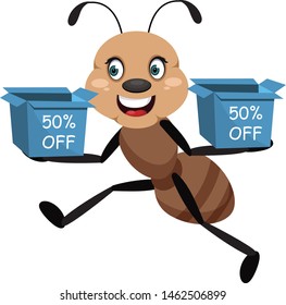 Ant mit Kisten, Illustration, Vektorgrafik auf weißem Hintergrund.