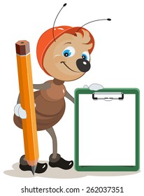 Ant builder holds clipboard and large pencil. Illustration in vector format