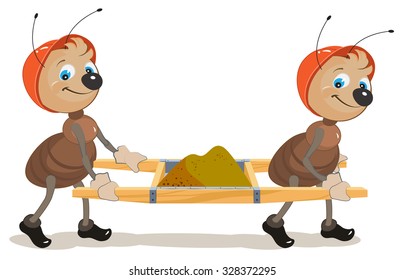 Ant builder. Two ants are stretchers with sand. Illustration in vector format