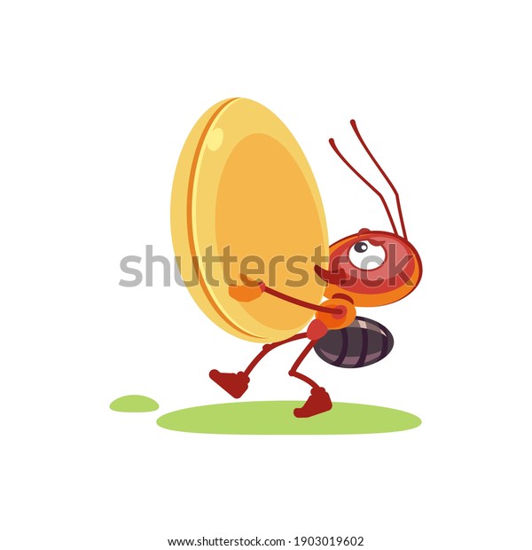 The ant can hardly carry large food to the\
anthill. Cartoon character design vector illustration isolated on\
white background.