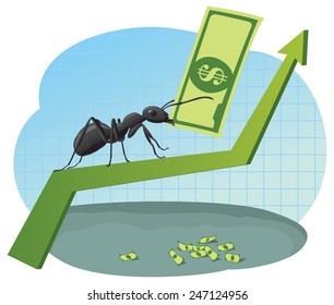 Ant carries a dollar up on a business chart
