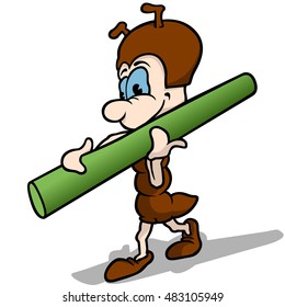 Ant Carries Stalk - Colored Cartoon Illustration, Vector