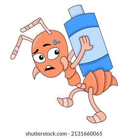 the ant is carrying a bottle of drink on its back, vector illustration art. doodle icon image kawaii.