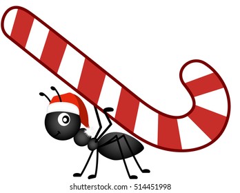 Ant carrying a Christmas candy cane