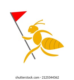 Hormiga con bandera. Diseño plano. Ilustración de vectores sobre fondo blanco