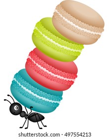 Ant carrying a pile of macaroons
