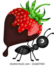 Ant carrying strawberry with chocolate sauce