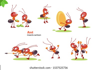 Ant cartoon character. Ants showing various emotions and actions. Cute cartoon characters of wildlife. Flat vector isolated design for mobile app, sticker, kids print, greeting card