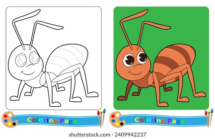 Ant cartoon character coloring page. Coloring book for children. Get to know animals and colors. Vector format.