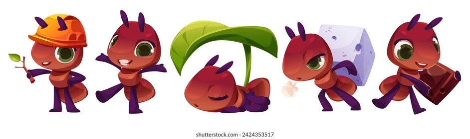 Ant cartoon character with different poses and face emotions. Cute funny childish brown insect mascot work and stand smiling, hold branch in helmet, lift and carry sugar cube, sleep under leaf.