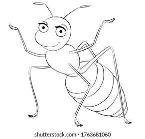 Ant cartoon colorless for coloring page. He smiles and waves two paws Vector illustration.