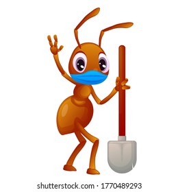 An ant in cartoon style, wearing a face mask, holding a shovel and waving