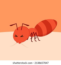 Ant character vector. Ant on Human skin. Red ant bite the skin.