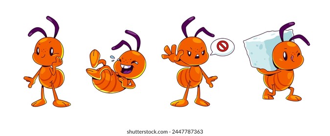 Ant characters set isolated on white background. Vector cartoon illustration of cute brown bugs smiling, laughing to tears, showing stop sign, warning symbol in speech bubble, carrying sugar on back