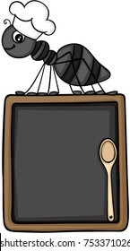 Ant chef with menu of restaurant and wooden spoon
