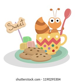 Ant in coffee cup vector cartoon illustration. Cute pastel vector cartoon. Ant holding spoon sitting in coffee cup with cookies and sugar cubes.
