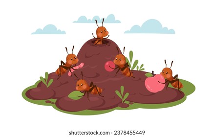 Ameisen tragen Früchte und Insekten. Gemeinsam, bezaubernde süße Bugs, Naturzeichen. Wald- oder Wiesenlandschaft. Cartoon-Flach-Stil, einzelne Vektorgrafik-Konzept