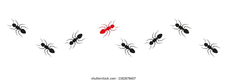 Ant colony trail. One ant changing direction. Think differently concept. Vector isolated on white.