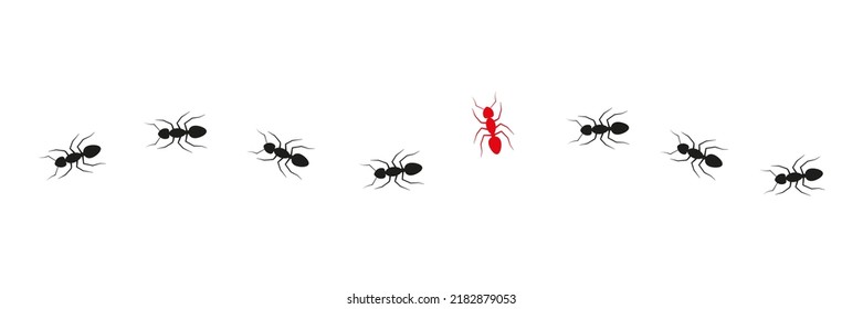 Camino de la colonia de hormigas. Una hormiga que cambia de dirección. Piensen de manera diferente. Vector aislado en blanco.