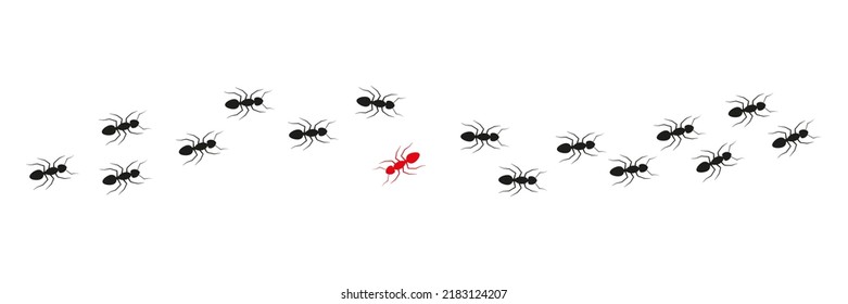 Camino de la colonia de hormigas. Una hormiga que cambia de dirección. Piensen de manera diferente. Vector aislado en blanco.