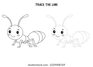 Páginas de coloração de formigas para crianças. Traço e cor formiga. Vetor animal de formiga para livros de colorir. Cartão de inseto de formiga animal para crianças. Planilhas de jardim de infância e pré-escola imprimíveis para crianças. 