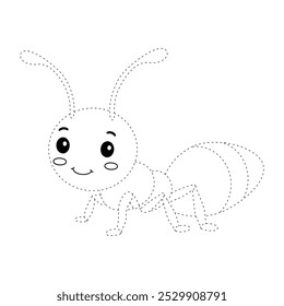 Ant coloring pages for kids. Trace and color ant. Ant animal vector for coloring books. Ant insect animal flashcard for kids. Kindergarten and preschool worksheets printable for kids. 