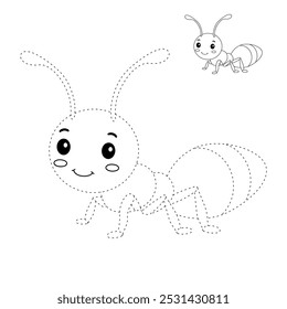 Ant coloring pages for kids. Trace and color ant. Ant animal vector for coloring books. Ant animal flashcard for kids. Kindergarten and preschool worksheets printable for kids. 