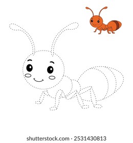 Ant coloring pages for kids. Trace and color ant. Ant animal vector for coloring books. Ant animal flashcard for kids. Kindergarten and preschool worksheets printable for kids. 