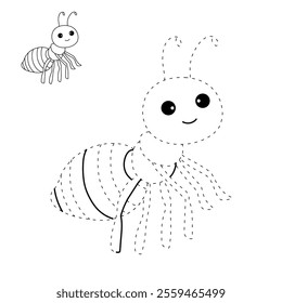 Ant coloring pages for kids. Trace and color ant. Ant animal vector for coloring books. Ant insect animal flashcard for kids. Kindergarten and preschool worksheets printable for kids. 