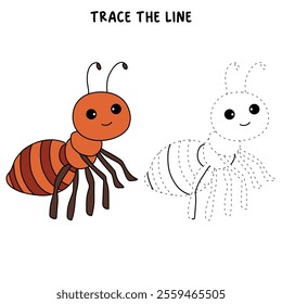 Ant coloring pages for kids. Trace and color ant. Ant animal vector for coloring books. Ant insect animal flashcard for kids. Kindergarten and preschool worksheets printable for kids. 