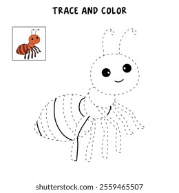 Ant coloring pages for kids. Trace and color ant. Ant animal vector for coloring books. Ant insect animal flashcard for kids. Kindergarten and preschool worksheets printable for kids. 