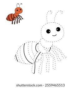 Ant coloring pages for kids. Trace and color ant. Ant animal vector for coloring books. Ant insect animal flashcard for kids. Kindergarten and preschool worksheets printable for kids. 