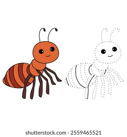 Ant coloring pages for kids. Trace and color ant. Ant animal vector for coloring books. Ant insect animal flashcard for kids. Kindergarten and preschool worksheets printable for kids. 