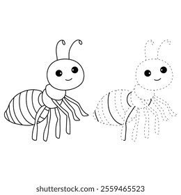 Ant coloring pages for kids. Trace and color ant. Ant animal vector for coloring books. Ant insect animal flashcard for kids. Kindergarten and preschool worksheets printable for kids. 