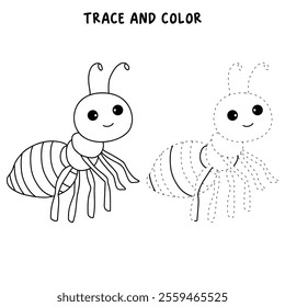 Ant coloring pages for kids. Trace and color ant. Ant animal vector for coloring books. Ant insect animal flashcard for kids. Kindergarten and preschool worksheets printable for kids. 