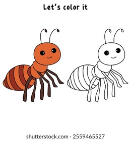 Ant coloring pages for kids. Trace and color ant. Ant animal vector for coloring books. Ant insect animal flashcard for kids. Kindergarten and preschool worksheets printable for kids. 