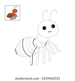 Ant coloring pages for kids. Trace and color ant. Ant animal vector for coloring books. Ant insect animal flashcard for kids. Kindergarten and preschool worksheets printable for kids. 