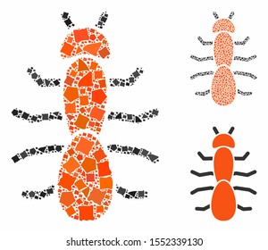 Ant composition of irregular parts in variable sizes and color tinges, based on ant icon. Vector trembly parts are combined into composition. Ant icons collage with dotted pattern.