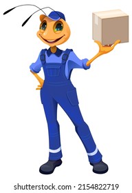 Ant courier in blue uniform mail delivery package isolated on white. Vector cartoon illustration
