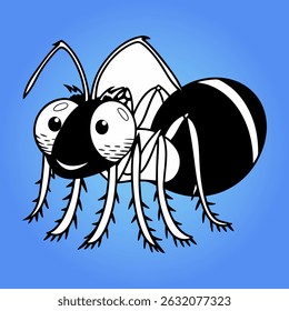 Ant Crawling on Flower Black and White Outline Line Art Drawing Engraved Style