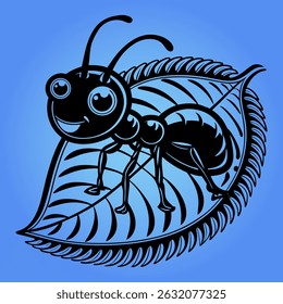 Ant Crawling on Flower Black and White Outline Line Art Drawing Engraved Style