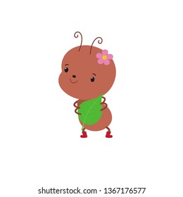 Ant cute character kawaii style. Little funny insect cartoon doodle. Sweet baby beetle small bug with leaf.