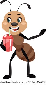 Ant drinking soda, illustration, vector on white background.