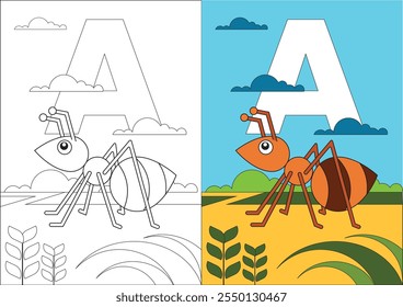 A for Ant, an educational illustration for children, divided into two sections. The left side is a black-and-white line drawing, while the right side is the fully coloured version.