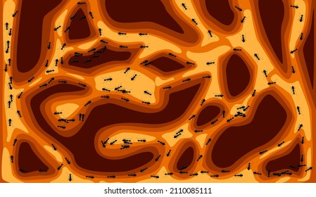 Ant Familie, die sich in Tunnels anthill. Heimat von Insekten, die Leben in die Erde. Vektorgrafik, Nahaufnahme. Teamwork-Konzept. Vektorgrafik.