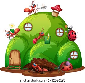 Ant farm with many ants in the garden illustration