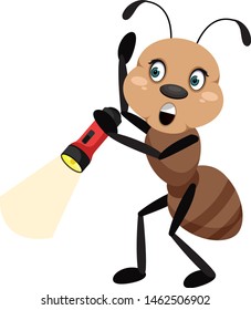 Ant with flashlight, illustration, vector on white background.