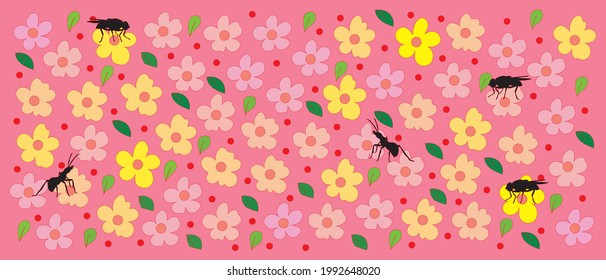 Ant, Fly, fabric nature pattern design. Vector flower playful summer illustration. Collection of cartoon hand drawn floral shapes and insects. Wall decoration, postcard, brochure cover design sketch.