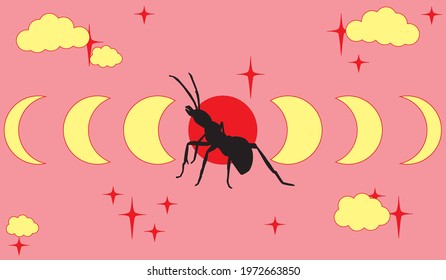 Ant in the full moon sky flat design vector illustration. Ant in a starry night with clouds. 2D cartoon japanese anime style hand drawn drawing. Aesthetic style background texture. Tattoo inspiration.